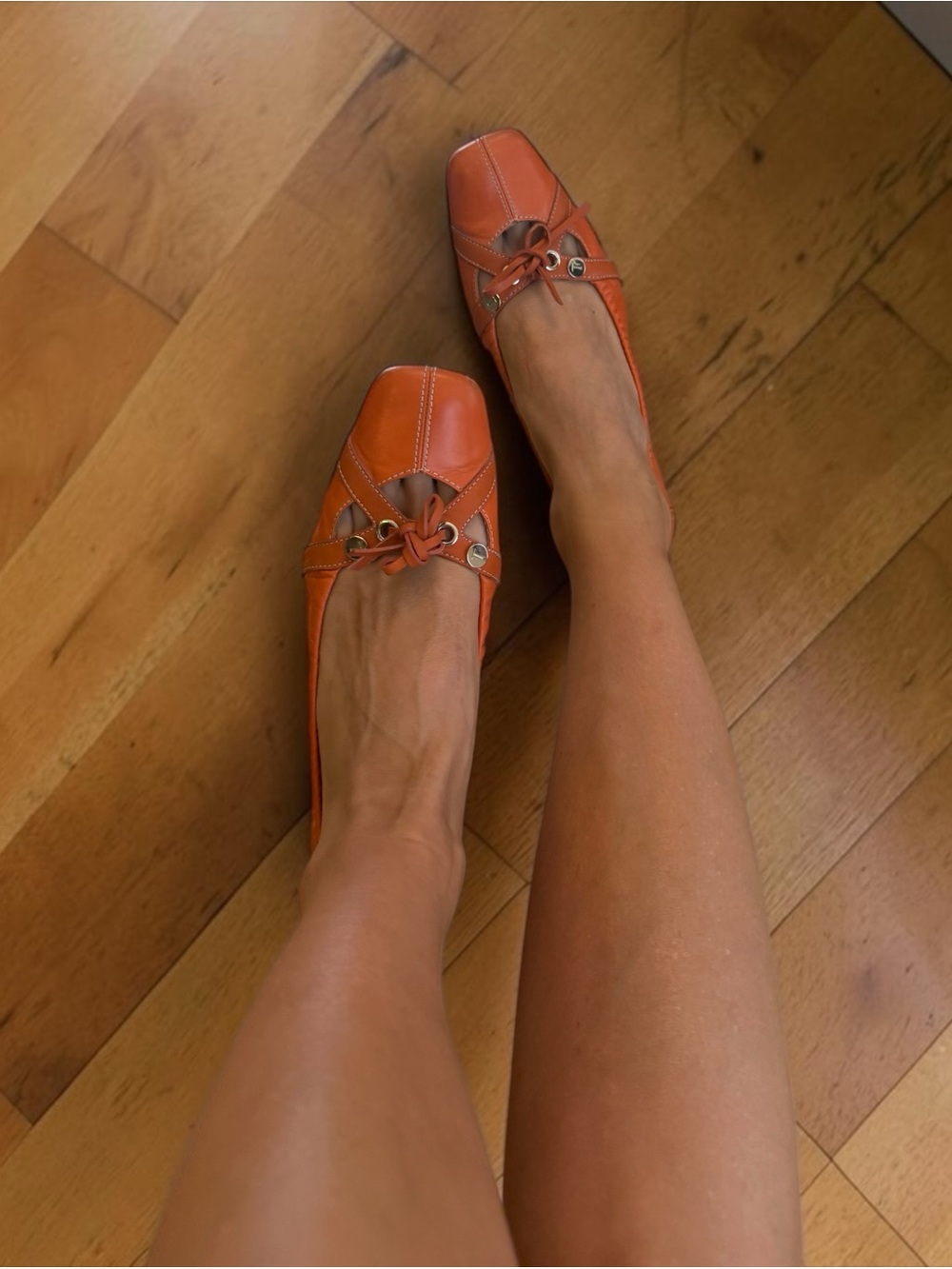 Tod's Orange Leather Square-Toe Flats with Tie and Eyelet Detail - Picture 6 of 7